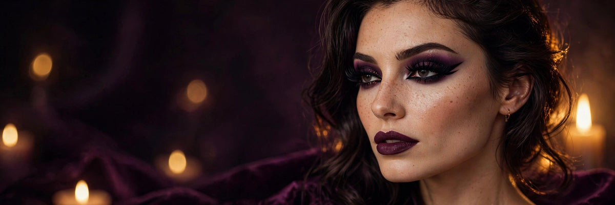Halloween lash look - dramatic cat-eye eyelash extensions with plum glam makeup by candlelight