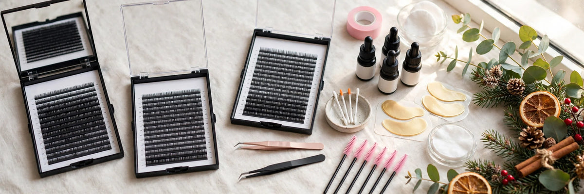 Lash supplies stocked for the holiday rush: lash trays, adhesive bottles and gold eye patches on a salon workstation