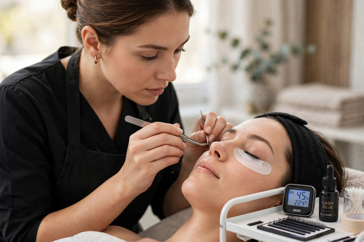 Lash artist applying eyelash extensions, hygrometer on the trolley showing 45 percent humidity